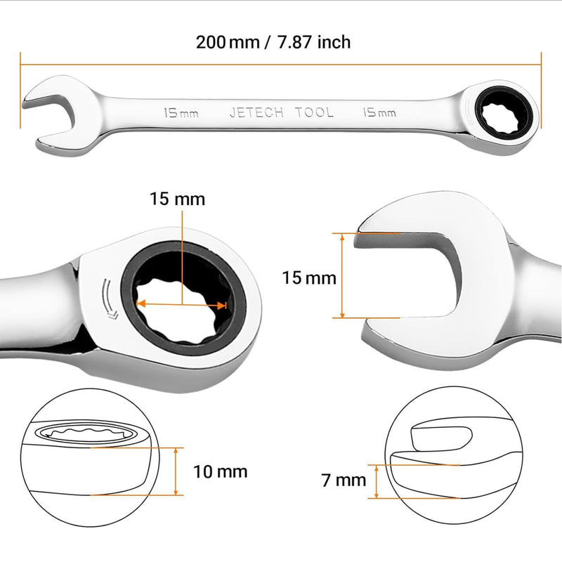 Ratcheting Combination Wrench, Gear Spanner 15mm