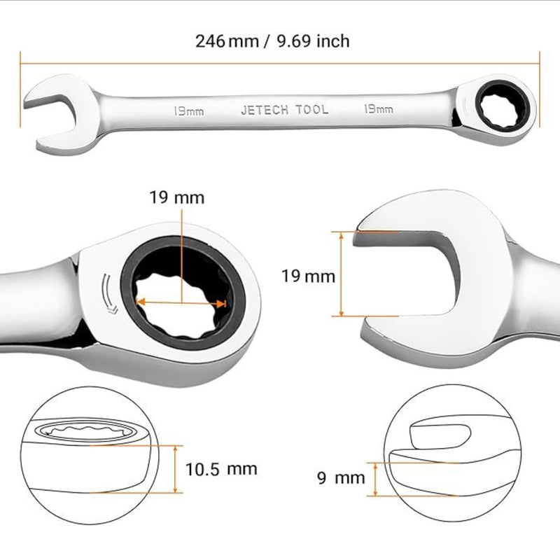 Ratcheting Combination Wrench, Gear Spanner 19mm