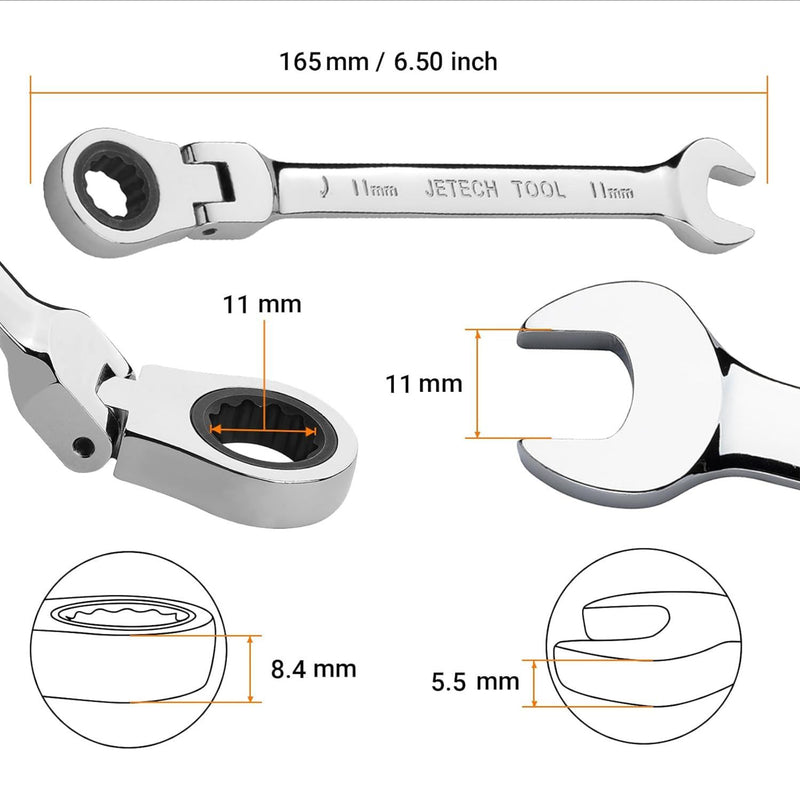 Flexible Head Ratchet Combination Wrench, Gear Spanner 11mm