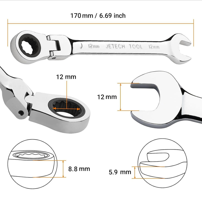 Flexible Head Ratchet Combination Wrench, Gear Spanner 12mm