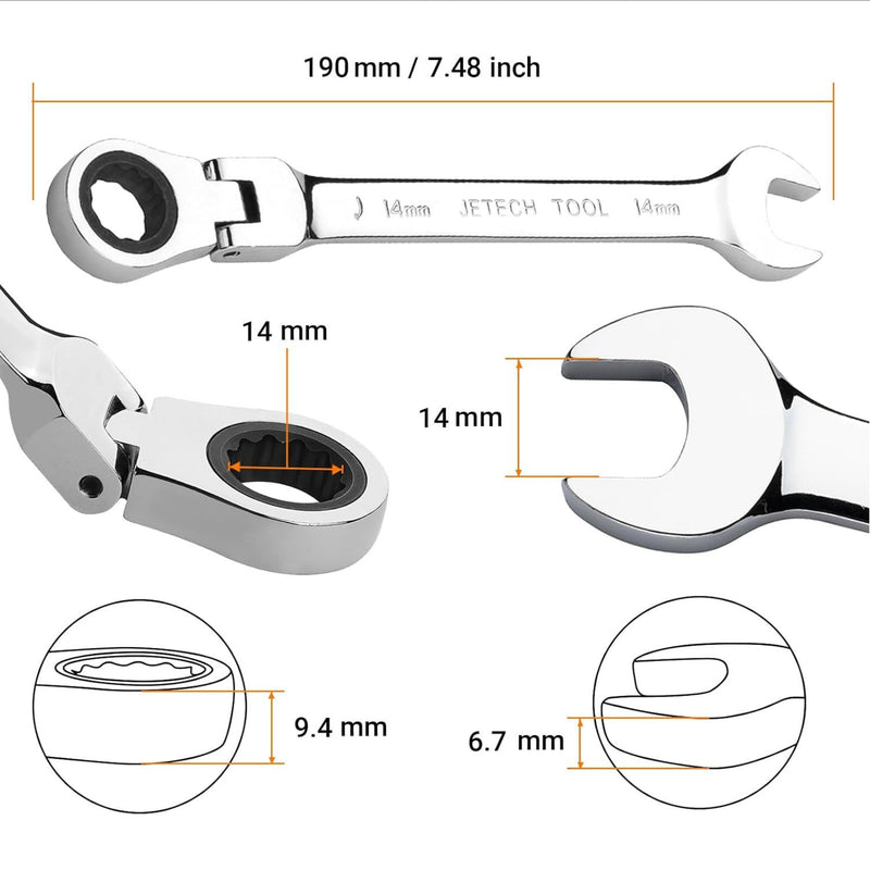 Flexible Head Ratchet Combination Wrench, Gear Spanner 14mm