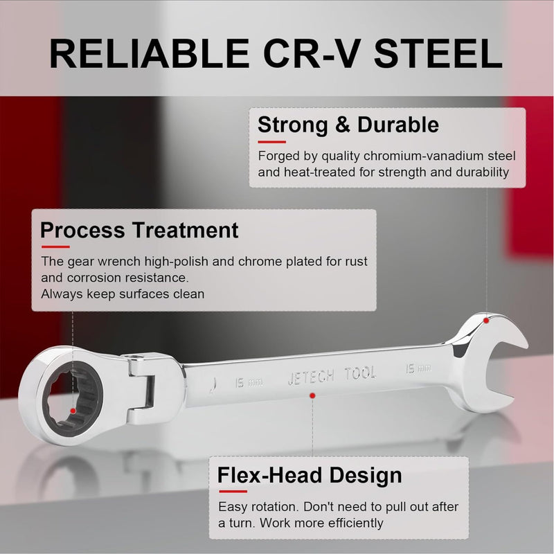 Flexible Head Ratchet Combination Wrench, Gear Spanner 15mm