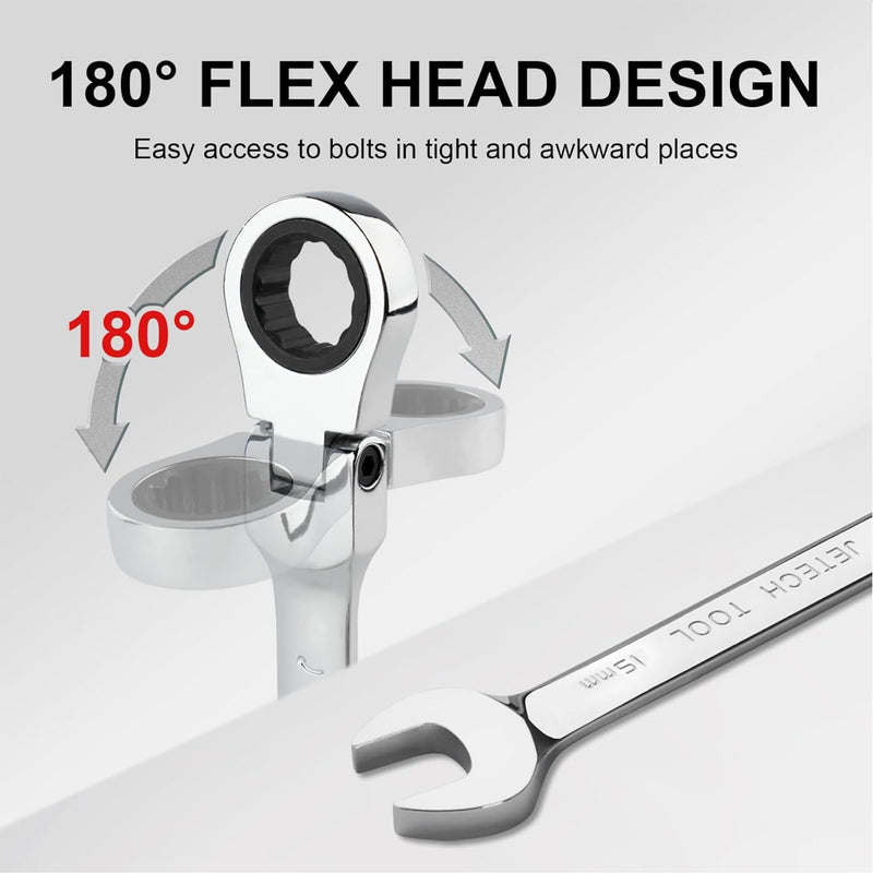 Flexible Head Ratchet Combination Wrench, Gear Spanner 15mm