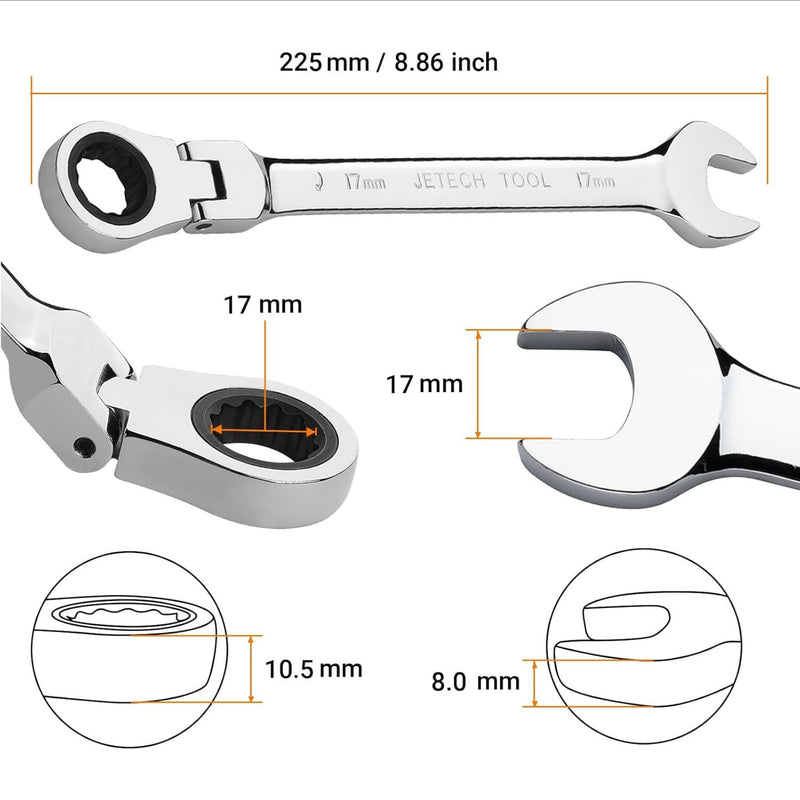 Flexible Head Ratchet Combination Wrench, Gear Spanner 17mm