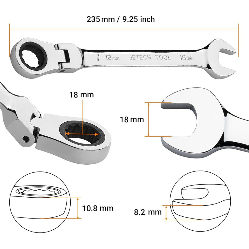 Flexible Head Ratchet Combination Wrench, Gear Spanner 18mm
