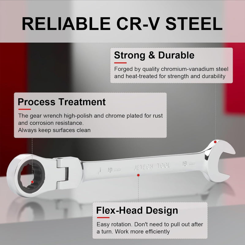 Flexible Head Ratchet Combination Wrench, Gear Spanner 19mm
