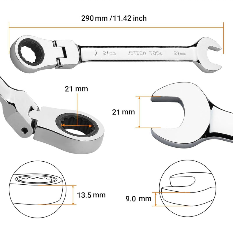 Flexible Head Ratchet Combination Wrench, Gear Spanner 21mm